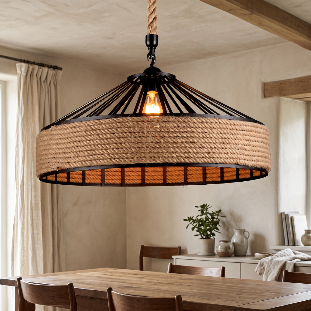 Hemp Rope & Metal Drum Pendant Light
