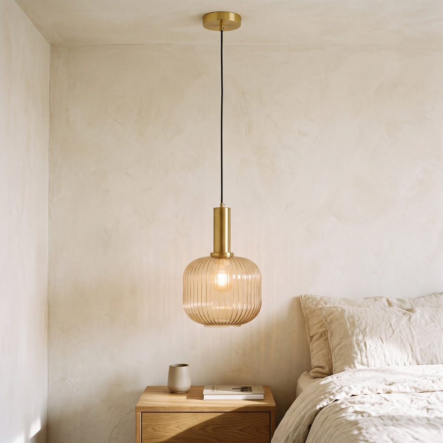 Ribbed Glass & Brass Finish Pendant Light