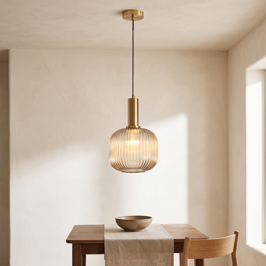 Ribbed Glass & Brass Finish Pendant Light