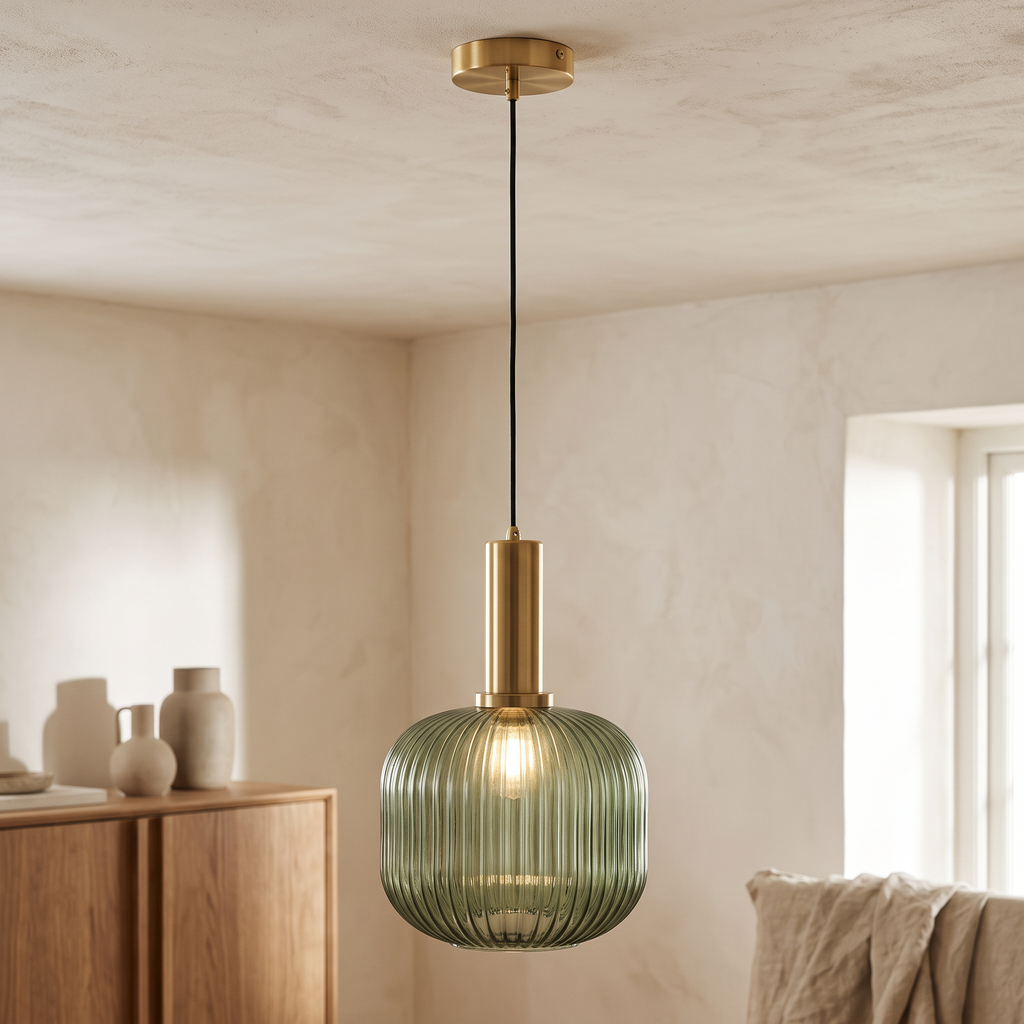 Ribbed Glass & Brass Finish Pendant Light
